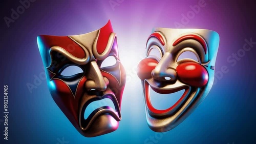 Tragic and comic theater masks with colorful contrast lighting