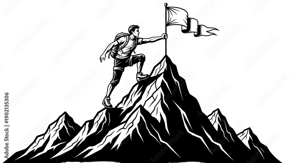 Fototapeta premium A man proudly holds a flag on top of a mountain peak in a black and white illustration on transparent background