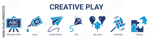 Creative Play web banner icon vector illustration concept with icon of origami paper, glue, paper plane, kite, balloon, pinwheel, and puzzle.