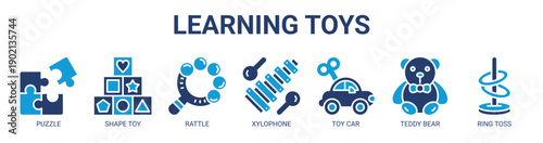 Learning Toys web banner icon vector illustration concept with icon of puzzle, shape toy, rattle, xylophone, toy car, teddy bear, and ring toss.
