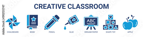 Creative Classroom web banner icon vector illustration concept with icon of chalkboard, book, pencil, glue, origami paper, shape toy, and apple.