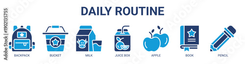 Daily Routine web banner icon vector illustration concept with icon of backpack, bucket, milk, juice box, apple, book, and pencil.