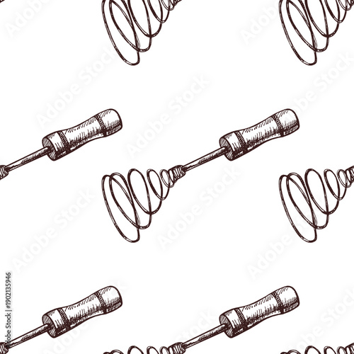 Hand drawn vintage seamless pattern of spiral wire whisk with wooden handle in monochrome sketch style illustration