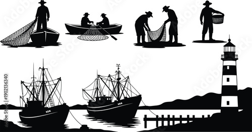 Black silhouettes of fishermen and boats by lighthouse fishing nets
