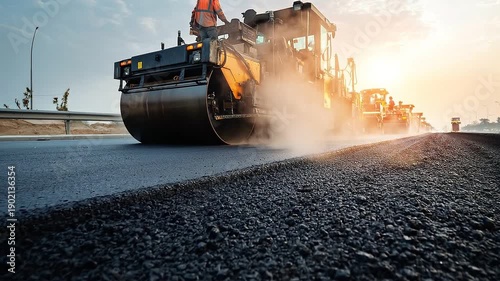 A video of a road roller machine laying asphalt on a highway at sunset