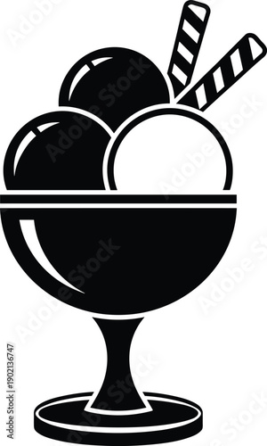 Black and white of ice cream sundae with two straws dessert bowl