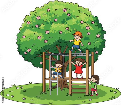 Happy children playing on treehouse playground under green flowering tree, cute cartoon kids outdoor activity scene, childhood fun, park playtime illustration isolated on white background