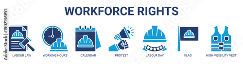 Workforce Rights web banner icon vector illustration concept with icon of labour law, working hours, calendar, protest, labour day, flag, and high visibility vest.