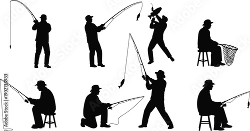 Black silhouettes of men fishing with rods and nets on white background fishing rods