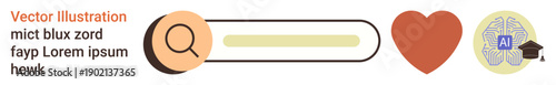 Technology, education, user interface, digital interaction, AI innovation, machine learning. Search bar next to heart icon and AI brain with graduation cap. Technology and education