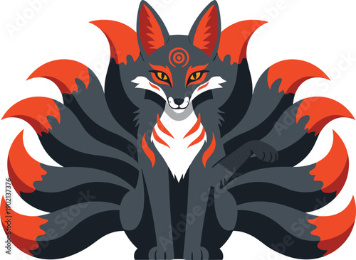 Nine tailed fox with orange eyes and markings nine-tailed fox kitsune anime-style