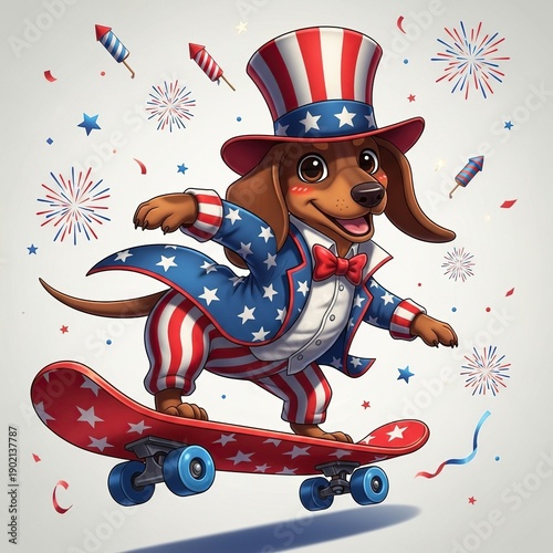Cute cartoon dachshund in patriotic USA outfit skateboarding with fireworks bursting around in festive celebration style