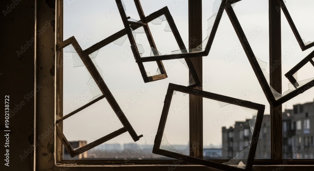 Fototapeta premium Broken Window Frames Against a Sky Background
