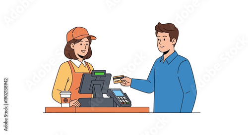 A customer pays for a purchase with a credit card at a checkout counter with a cashier and a coffee cup.