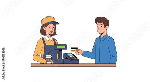 A customer pays for a purchase with a credit card at a checkout counter with a cashier.