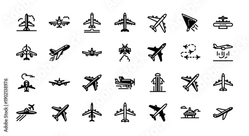 A comprehensive collection of diverse airplane icons, showcasing various aircraft types and aviation symbols.