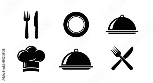 A collection of six black and white icons representing various aspects of food and dining, including cutlery, plates, and chef hats.
