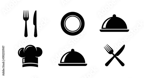 A collection of six black and white icons representing food and dining, including cutlery, a plate, and chef hats.