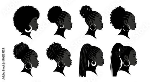 Collection of diverse hairstyles for Black women, showcasing various braided updos, afros, and ponytails in silhouette.