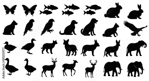 A collection of black silhouettes of various animals, including butterflies, fish, rabbits, cats, birds of prey, dogs, ducks, deer, and elephants.