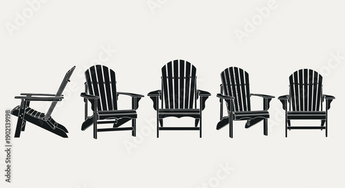 A collection of five black Adirondack chairs displayed in a row against a plain background, with one chair shown in profile.