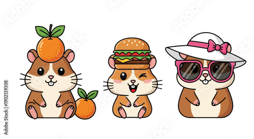 Three adorable cartoon hamsters, one with an orange on its head, another with a hamburger, and the third wearing a hat and sunglasses.