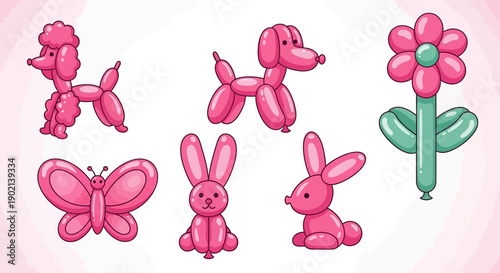 Fotografie A collection of six different balloon animals and figures, including a poodle, a dog, a butterfly, two rabbits, and a flower, all rendered in a cartoon style with a pink and green color palette