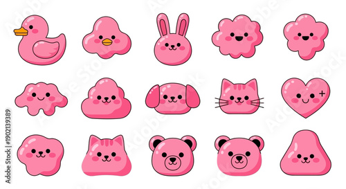 A collection of cute, kawaii-style pink cartoon characters and shapes, including animals and abstract forms, with happy facial expressions.