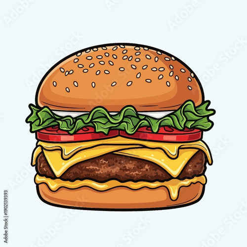 A delicious-looking illustration of a classic cheeseburger with lettuce, tomato, and melted cheese.