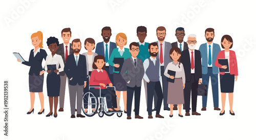 A diverse group of professionals, including a person in a wheelchair, standing together in a studio setting.