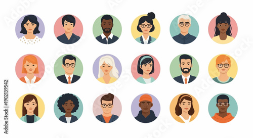 A diverse collection of cartoon avatars representing people of various ethnicities, genders, and ages.