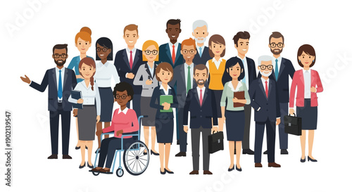 A diverse group of professionals, including individuals with disabilities, standing together in a modern office setting.