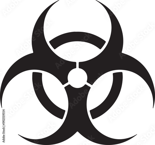 A striking black and white biohazard symbol with a central dot.
