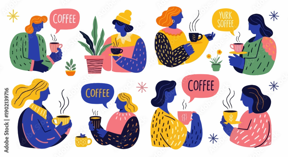 Fototapeta premium A collection of diverse women enjoying hot beverages, with speech bubbles indicating 'coffee' and 'pure coffee'.