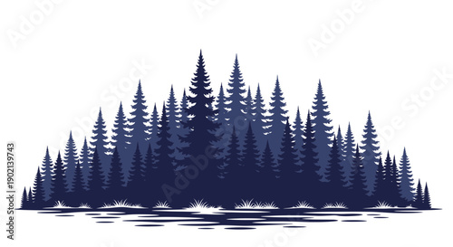 A dense forest of dark blue pine trees reflected in calm water under a white background.