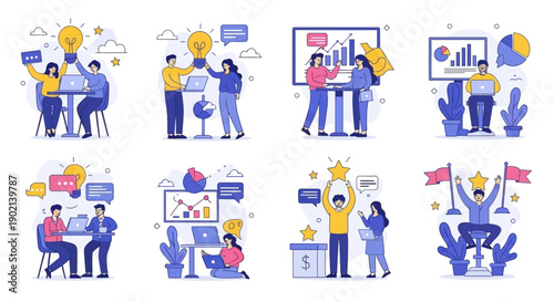 A collection of eight illustrations depicting teamwork, brainstorming, data analysis, and successful project completion in a business setting.