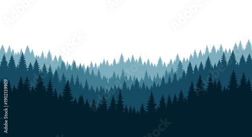A serene and layered landscape of dark blue evergreen trees fading into a misty white sky.