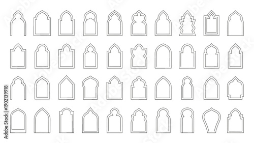 Set of islamic arch outline vector shapes. collection traditional mosque window frames on white background