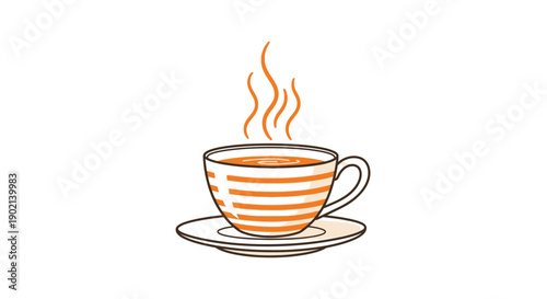 A steaming cup of orange-striped tea sits on a matching saucer, with wisps of steam rising.