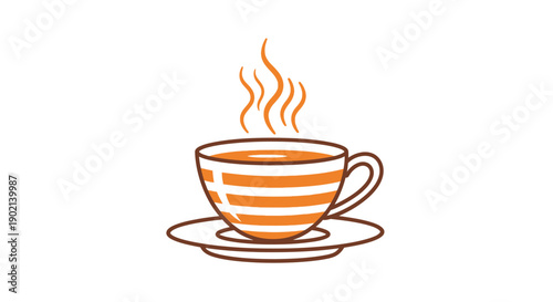 A steaming cup of orange-striped tea or coffee on a saucer.