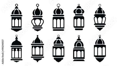Set of black fanoos lantern isolated on white background flat design style for islamic celebration designs