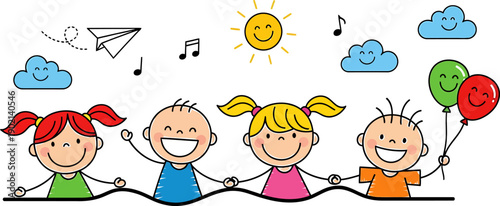 Happy children playing together, holding hands under a cheerful sky with sun and clouds