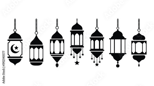 Set of black hanging fanoos lantern isolated on white background flat design style for islamic celebration