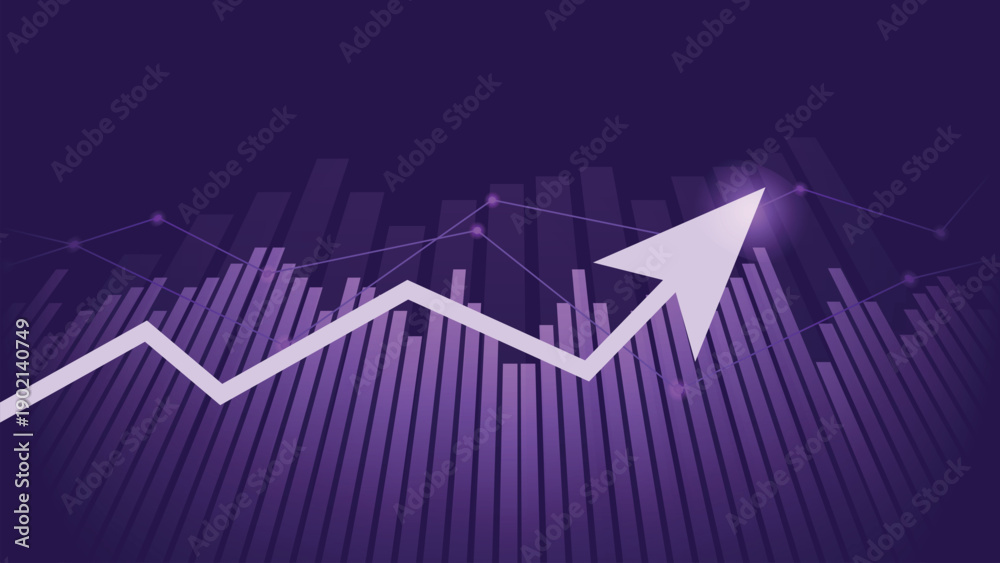 Naklejka premium Futuristic Data Visualization Purple Background with Arrow, Financial Graphs, Business Growth Trends, Analytics Dashboard