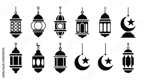 Variety of islamic lanterns and crescent moon symbols in black silhouette style for ramadan holiday marketing assets
