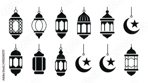 Islamic decorative lamps and crescents set for ramadan kareem celebration with various lantern styles and star icons