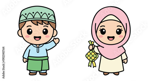 Adorable cartoon Muslim children in traditional attire celebrating a religious holiday with festive treats, offering a heartwarming greeting