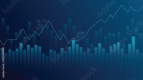 Abstract financial graph with uptrend line arrow, bullish point and bar chart of stock market on blue color background