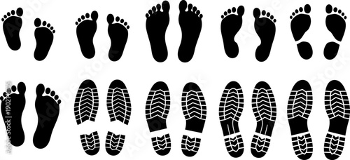 Diverse collection of human bare footprints and shoe sole prints on white background