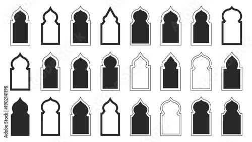 Islamic arch window frame silhouettes for mosque architecture and oriental interior design elements in black color